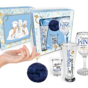 Zestaw: szklanka do piwa 300ml, kieliszek do wina 220ml, kieliszek do wódki 35ml + brelok granat