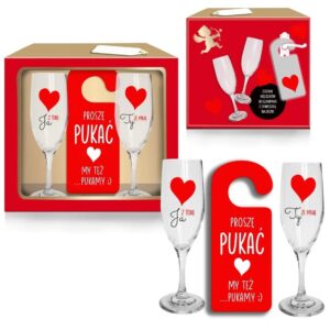 Walentynkowy zestaw 2 kieliszków do szampana i zawieszką na drzwi