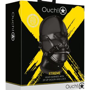 Head Harness with Zip-up Mouth and Lock - Black