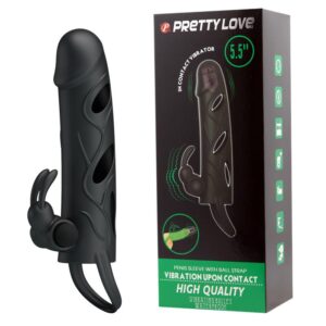 Nakładka na penisa PRETTY LOVE - PENIS SLEEVE WITH BALL STRAP vibration BLACK